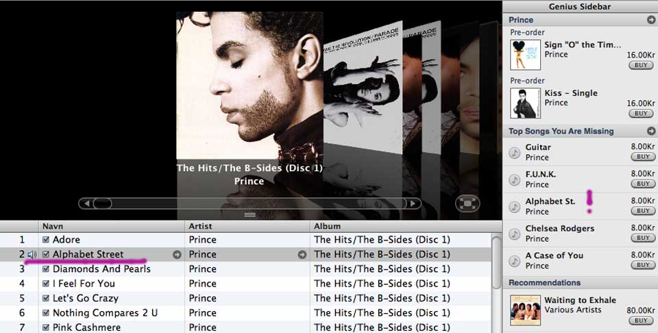 KAN LURE DEG: Dette skjermbildet viser hvordan Genius-funksjonen i den nye versjonen av iTunes fors�ker � f� Dagbladet.nos medarbeider til � kj�pe en Prince-l�t (markert med utropstegn i menyen til h�yre) som han allerede eier (understreket i venstremenyen). Foto: JAN OMDAHL