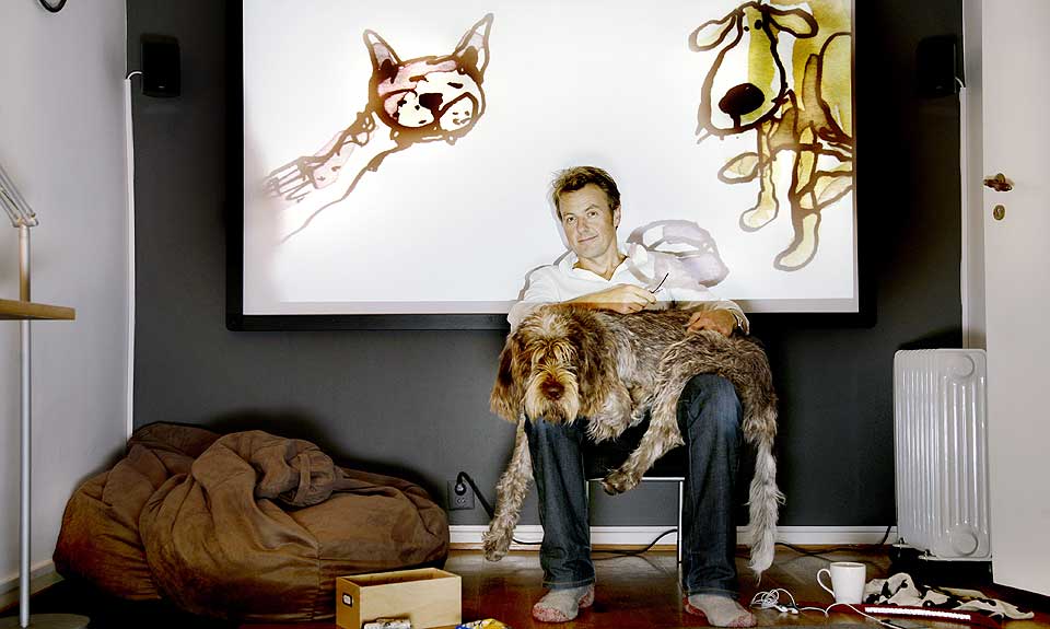 Hjemme hos: Fredrik Skavlan har alltid hatt hund. Men nesten alle har han overtatt, passet eller arvet. Bruno er den f�rste han har anskaffet selv. _ Han er italiensk, sier Skavlan.