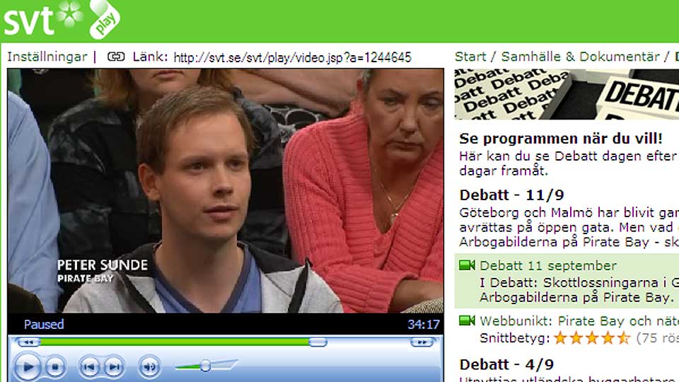 SINT: The Pirate Bays pressetalsmann Peter Sunde stilte opp p� �Debatt� p� den betingelsen at han ikke ville debattere mot faren til de drepte barna. N� beklager SVT at de br�t l�ftet, men fildelingssiden kutter likevel all kontakt med media.