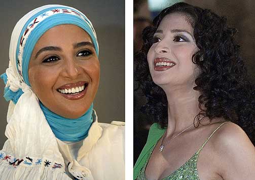 HAR TATT P� SL�RET: Den egyptiske skuespillerinnen Hanan Turk er en av de mange som har valgt en mer tildekket klesstil de siste �rene. Bildet til h�yre er fra Kairo filmfestival i 2000, mens bildet til venstre viser Hanan i 2006.