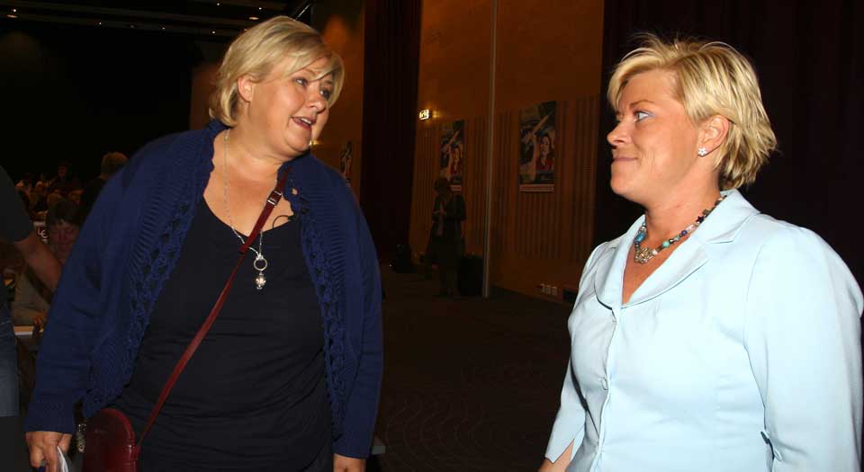 - Rydd opp: Erna Solberg (H) reagerer sterkt p� Frps soningsforslag. Til h�yre: Frp-formann Siv Jensen.