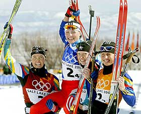  S�LVLAGET : Ann-Elen Skjelbreid, Liv Grete Skjelbreid Poir�e, Linda Tj�rhom og Gunn Margit Andreassen.
