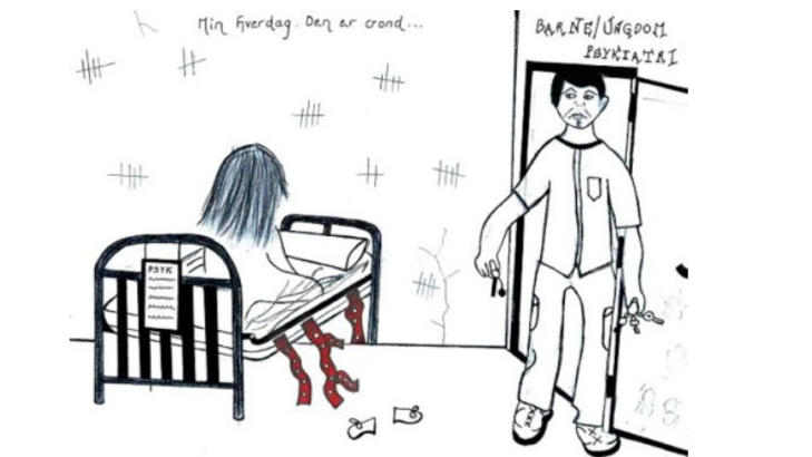 TEGNET TVANG: Natalie Eriksens (23) egen tegning av opplevelsen av å være tvangsinnlagt.